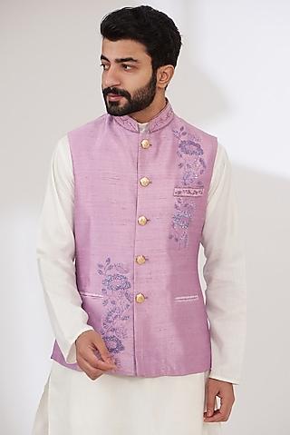 lilac raw silk embroidered nehru jacket