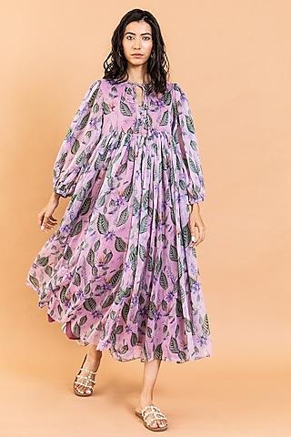 lilac recycled chiffon printed flared dress