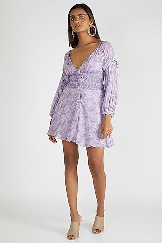 lilac ruched & printed mini dress