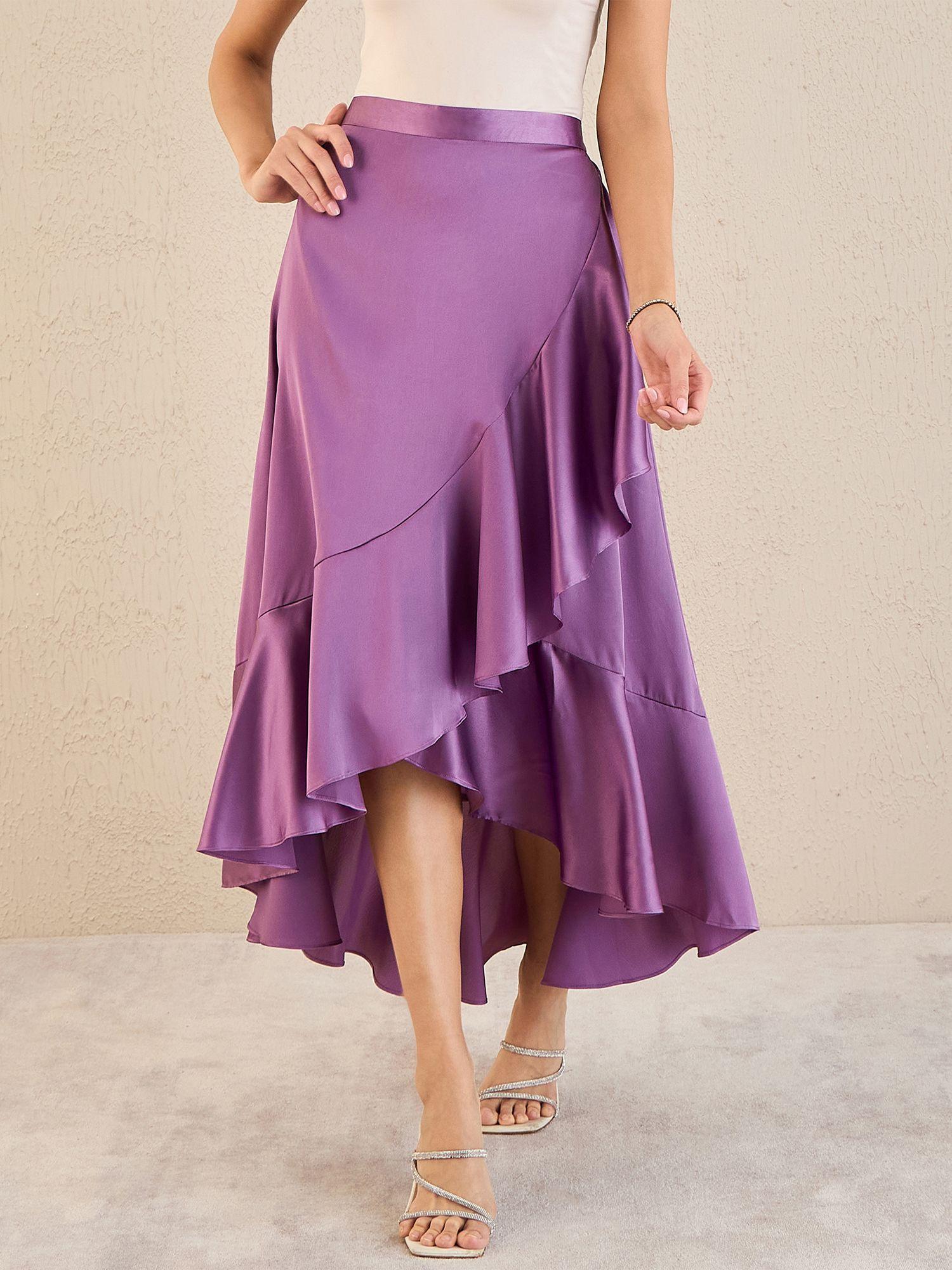 lilac satin broad frill midi skirt