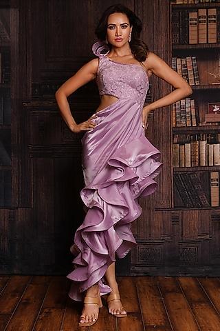 lilac satin organza & net thread embroidered ruffled gown