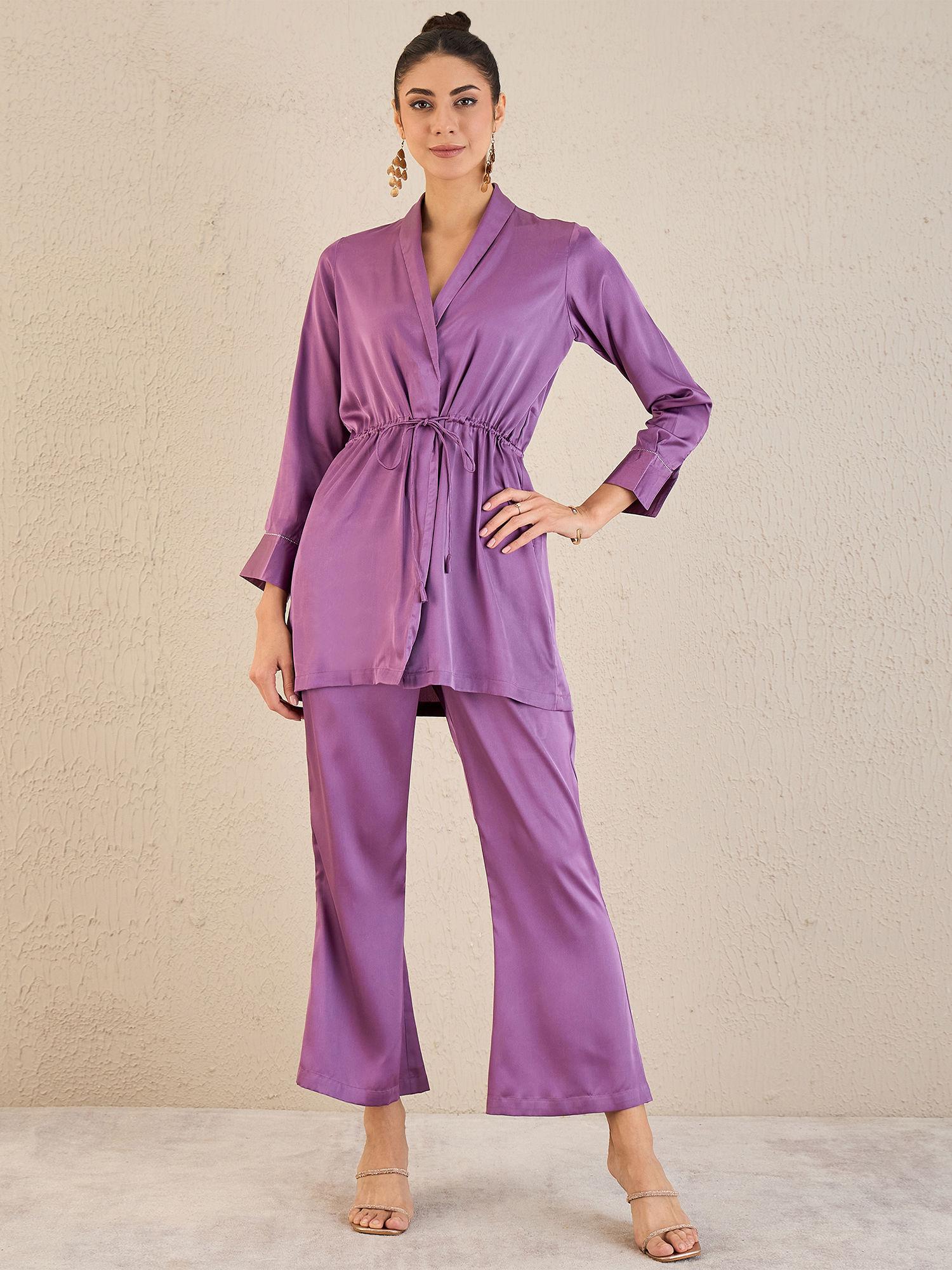 lilac semi-formal embellished satin tunic & pant (set of 2)