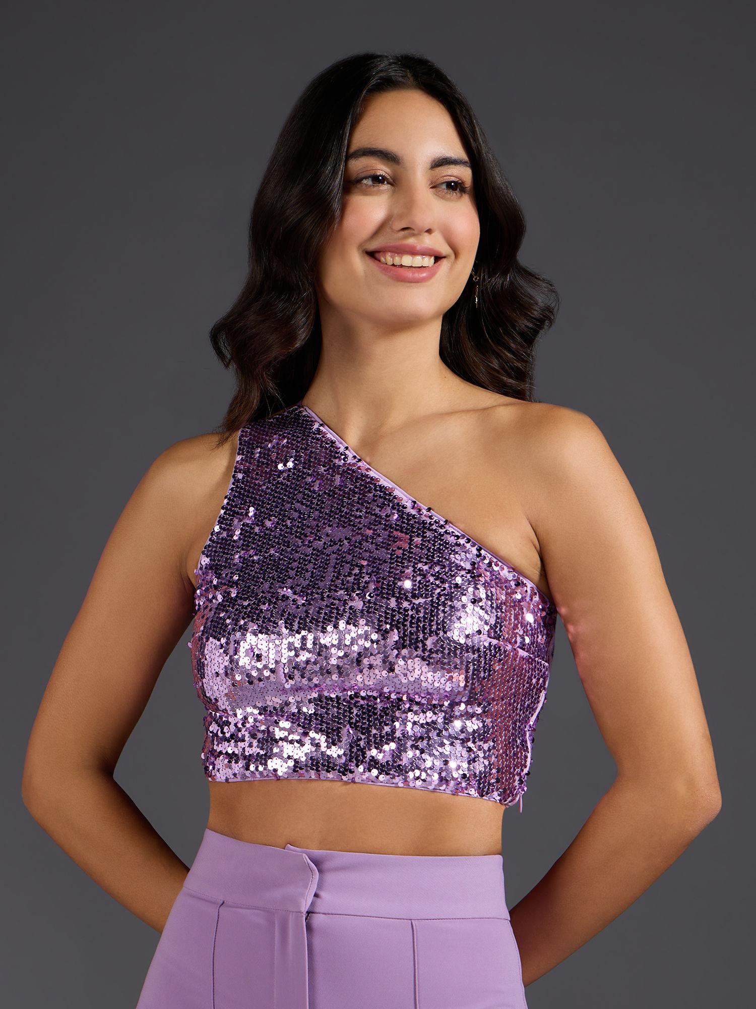 lilac sequin one shoulder short top