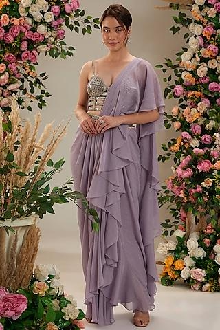 lilac shimmer georgette draped saree set