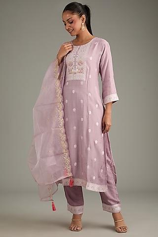 lilac silk aari hand embroidered kurta set