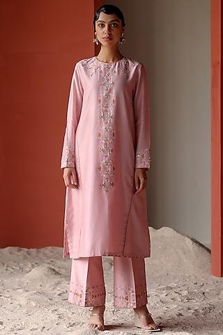 lilac silk chanderi thread embroidered kurta set