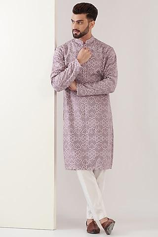 lilac silk embroidered chikankari kurta set