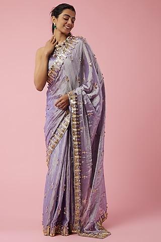 lilac silk embroidered saree set