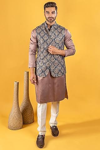 lilac silk kurta set with bundi jacket for boys