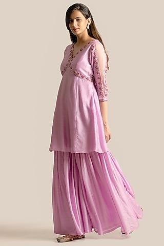 lilac silk resham embroidered kurta set