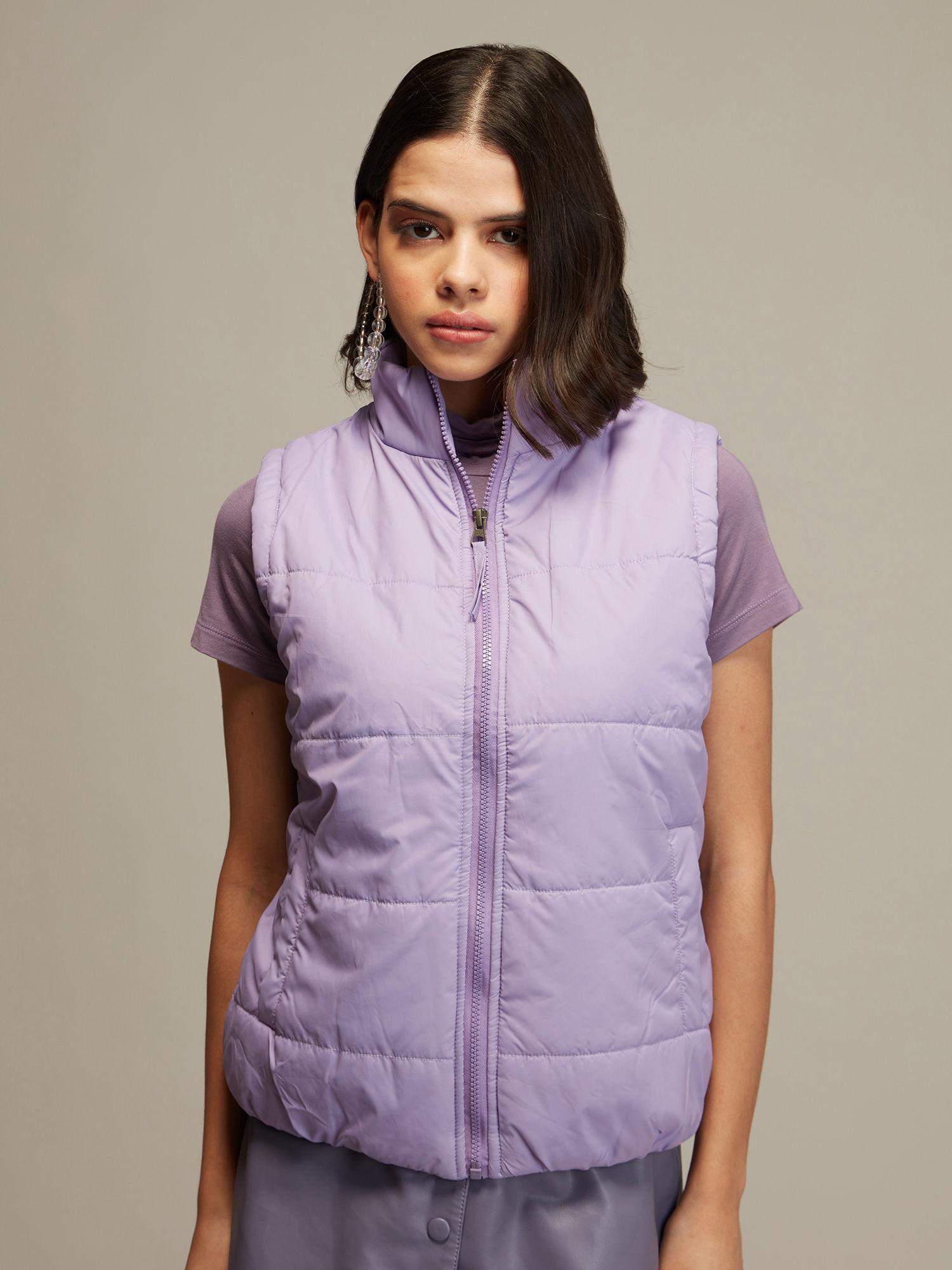 lilac sleeveless puffer jacket