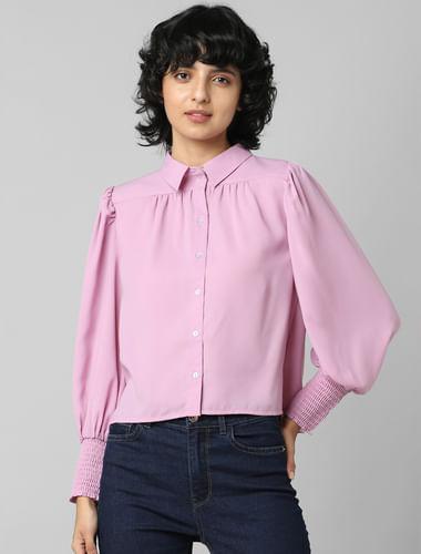 lilac smocked sleeves shirt