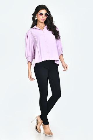 lilac solid casual 3/4th sleeves regular collar women regular fit shirt