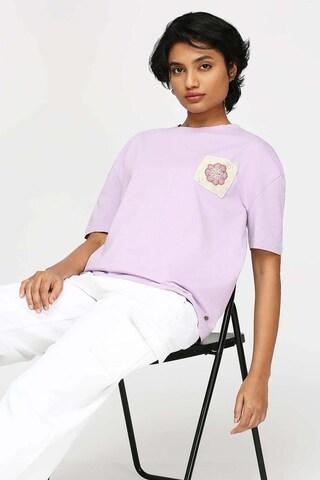 lilac solid casual half sleeves round neck women oversized fit t-shirt