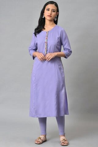 lilac solid casual round neck 3/4th sleeves women regular fit kurta
