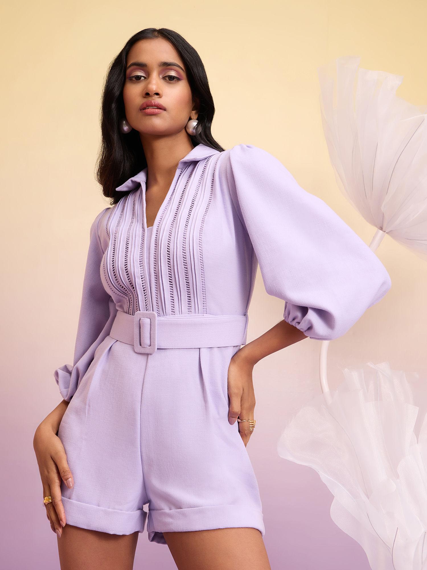 lilac solid flat collar bishop sleeves linen playsuit (set of 2)