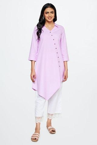lilac solid formal 3/4th sleeves v neck women straight fit tunic