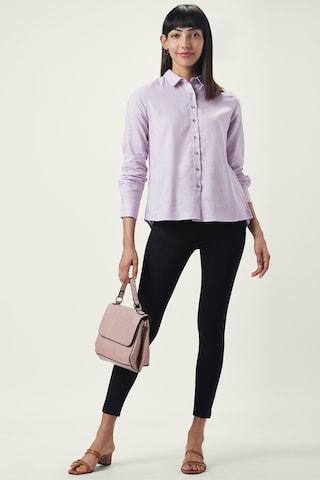 lilac solid formal full sleeves regular collar women comfort fit shirt