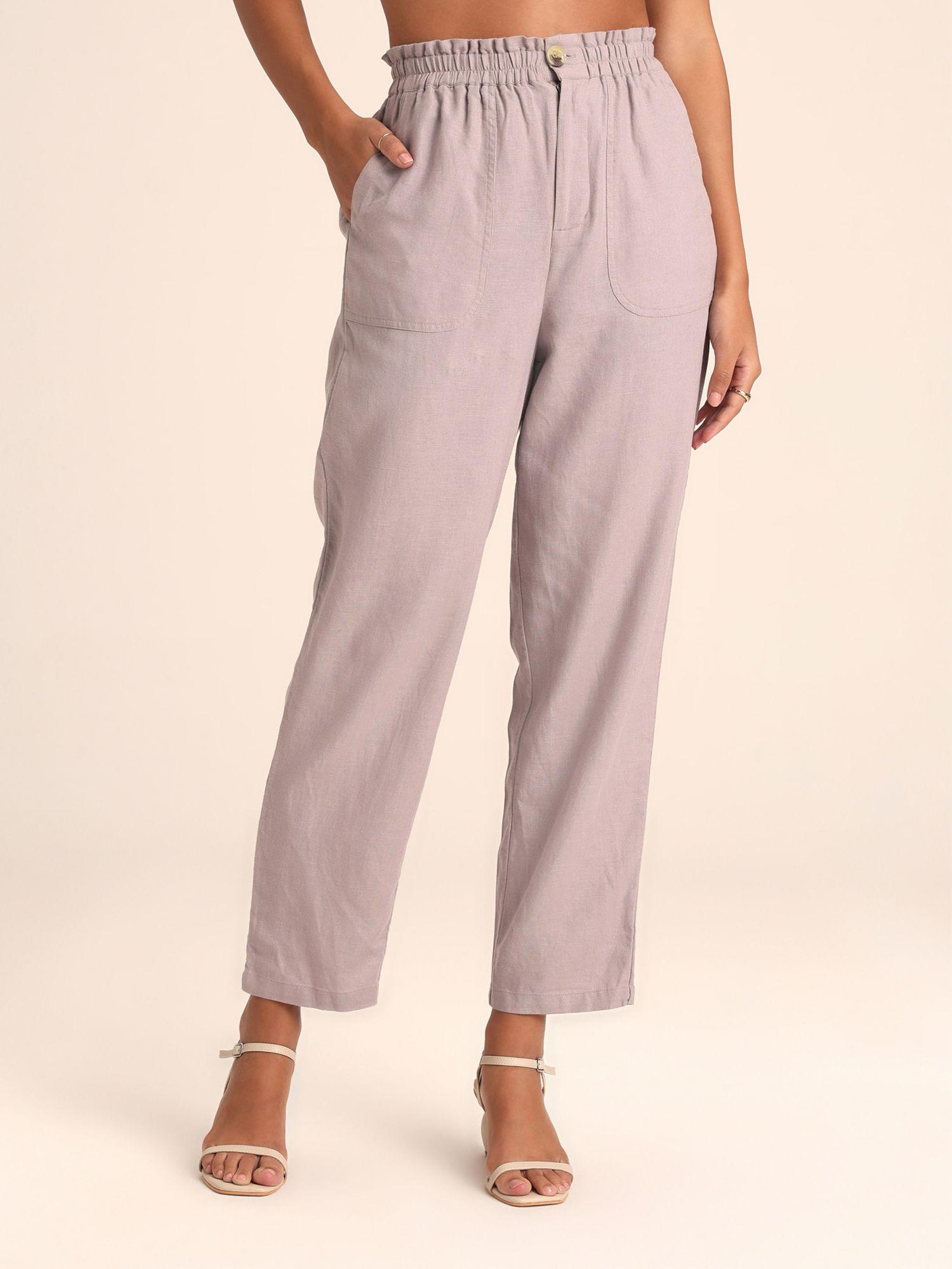 lilac solid high waist straight fit trousers