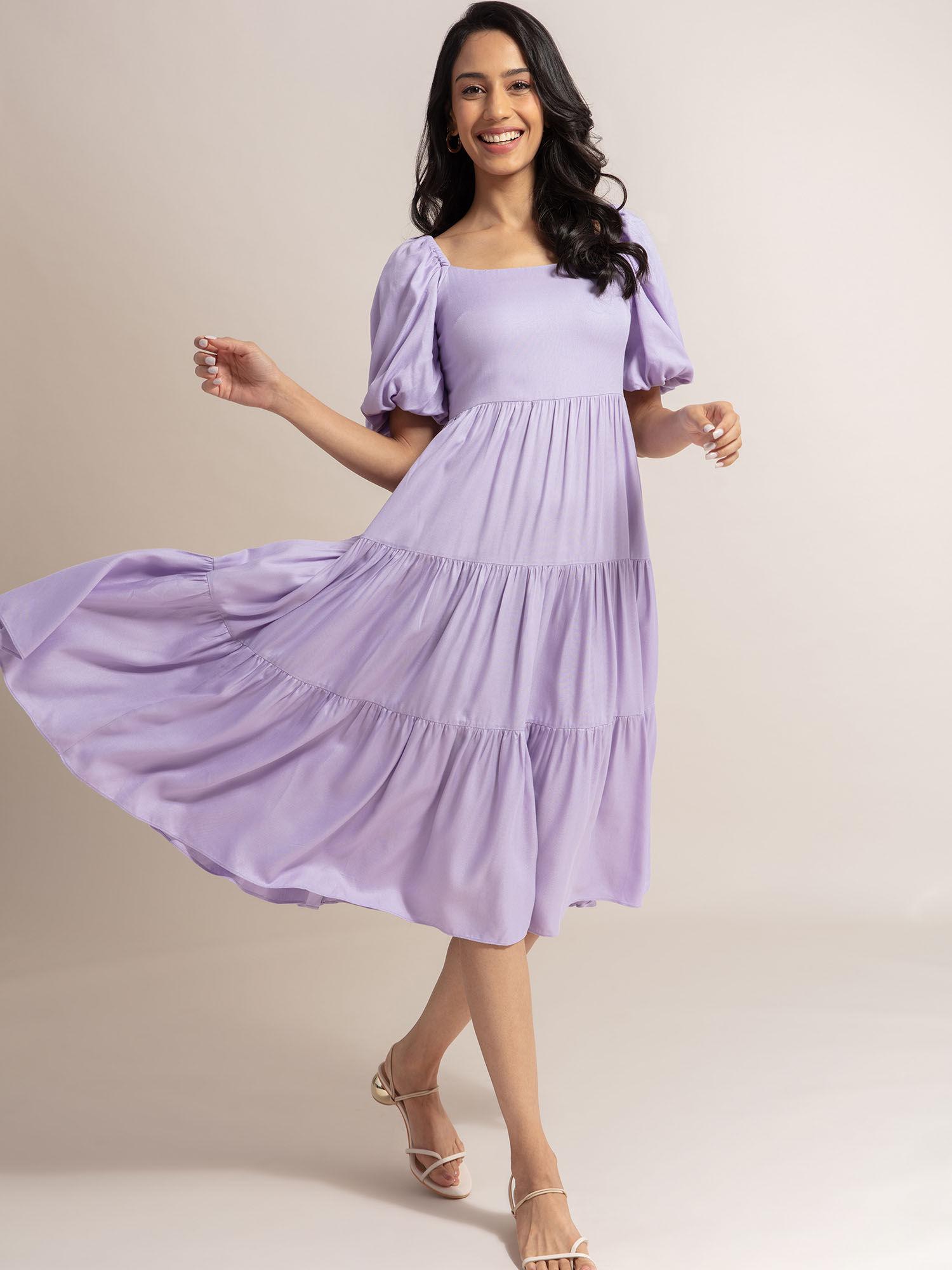 lilac solid square neck midi dress