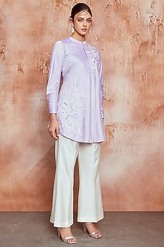 lilac spun cotton embroidered tunic set