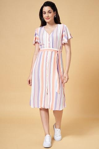 lilac stripe calf-length  casual women regular fit  dress