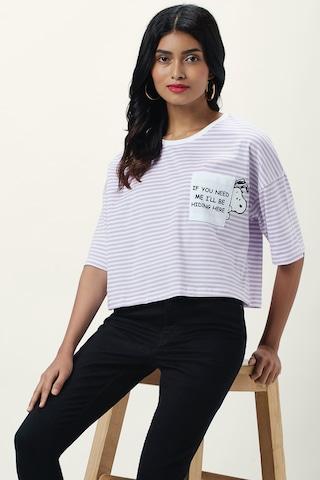 lilac stripe casual elbow sleeves round neck women comfort fit t-shirt