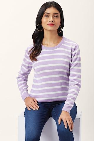 lilac stripe casual full sleeves crew neck women slim fit t-shirt