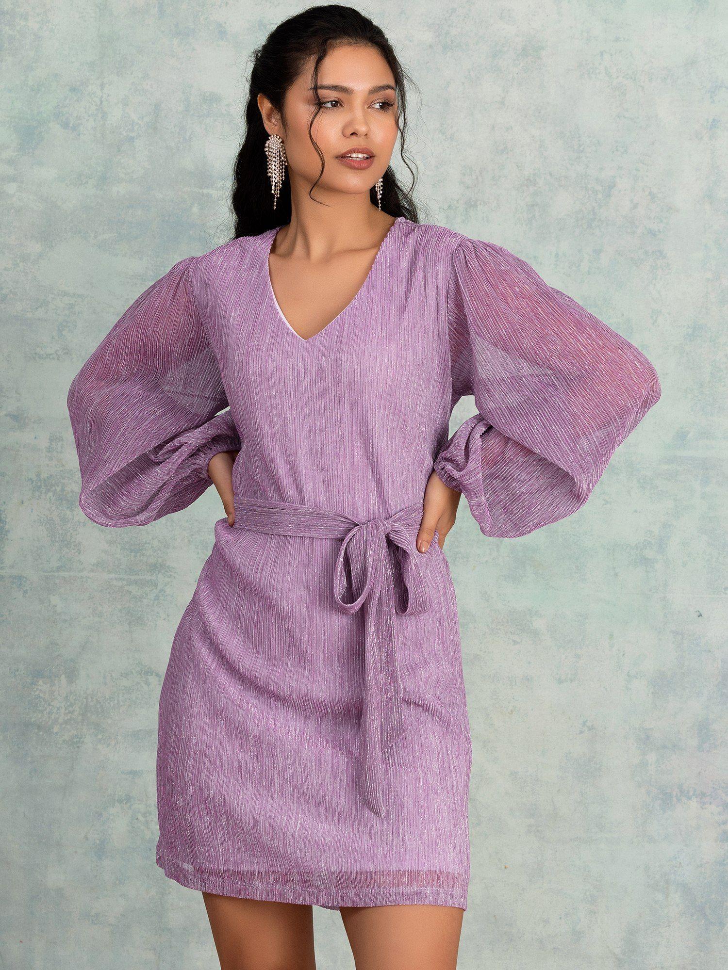 lilac textured a line dress with tie up belt (set of 2)