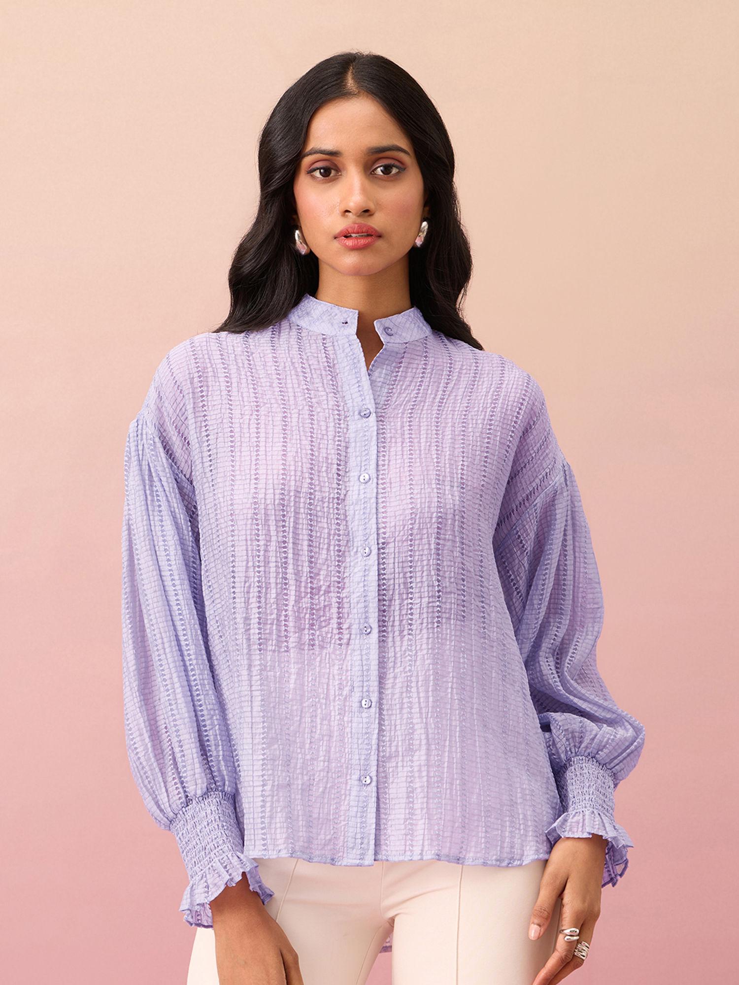 lilac textured mandarin collar puff sleeves shirt