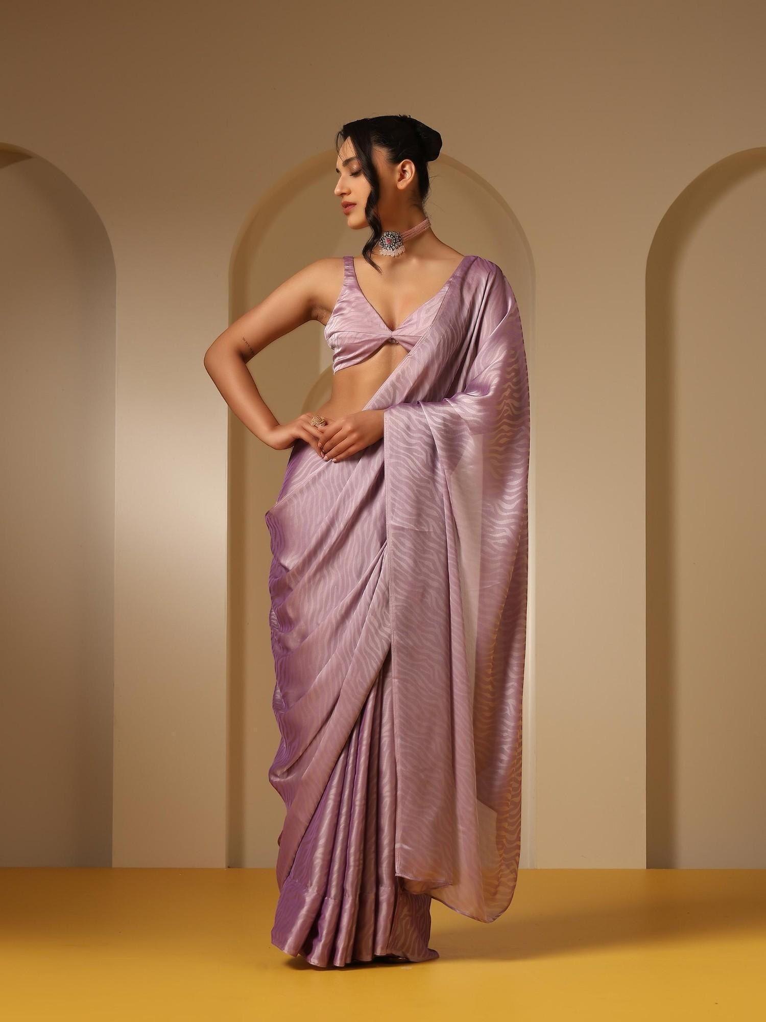 lilac tiger satin chiffon saree with self fabric with unstitched blouse