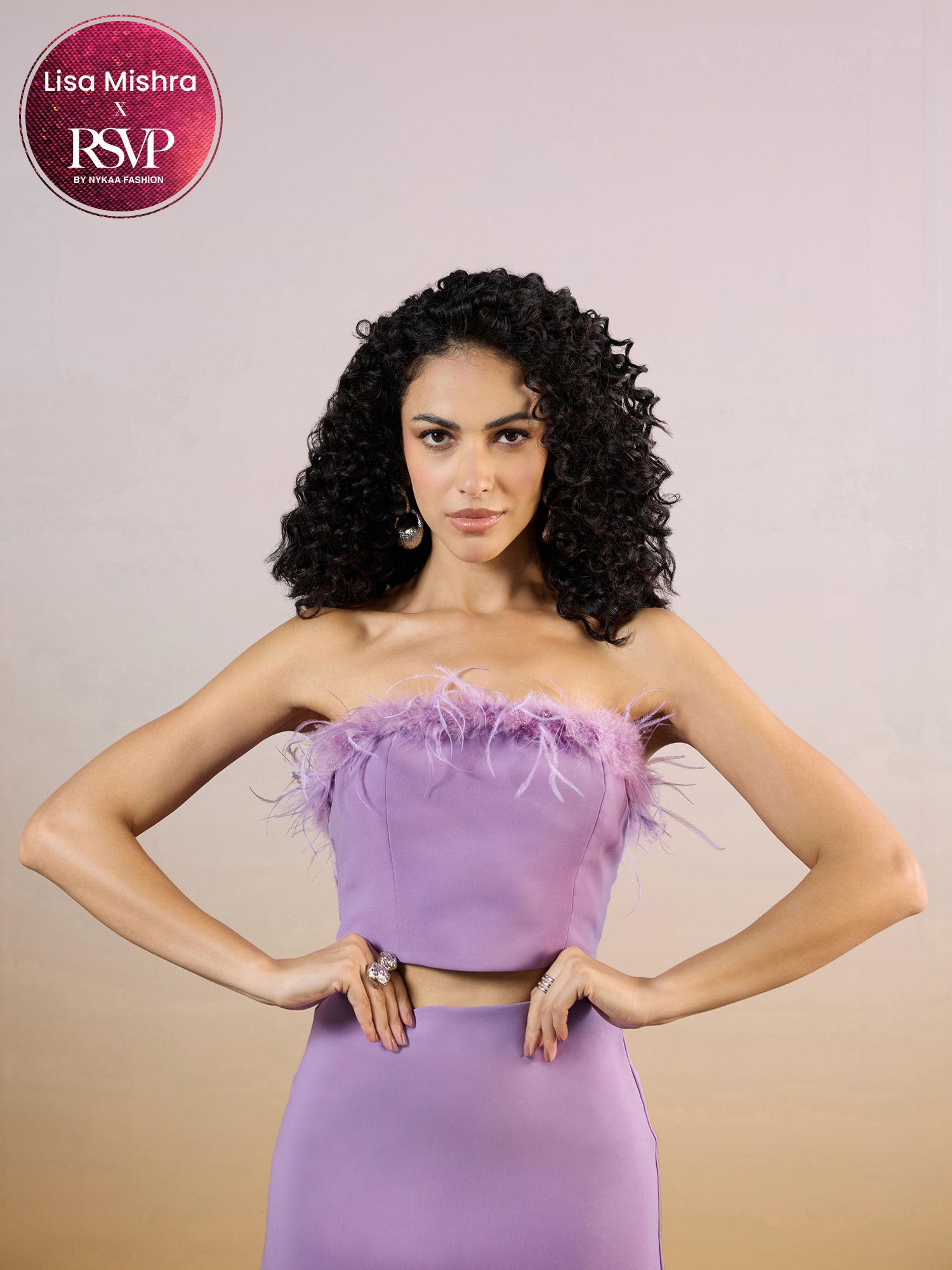 lilac tube neck feather crop top