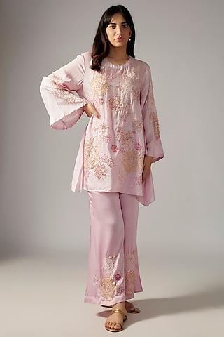 lilac viscose silk floral embroidered kurta set