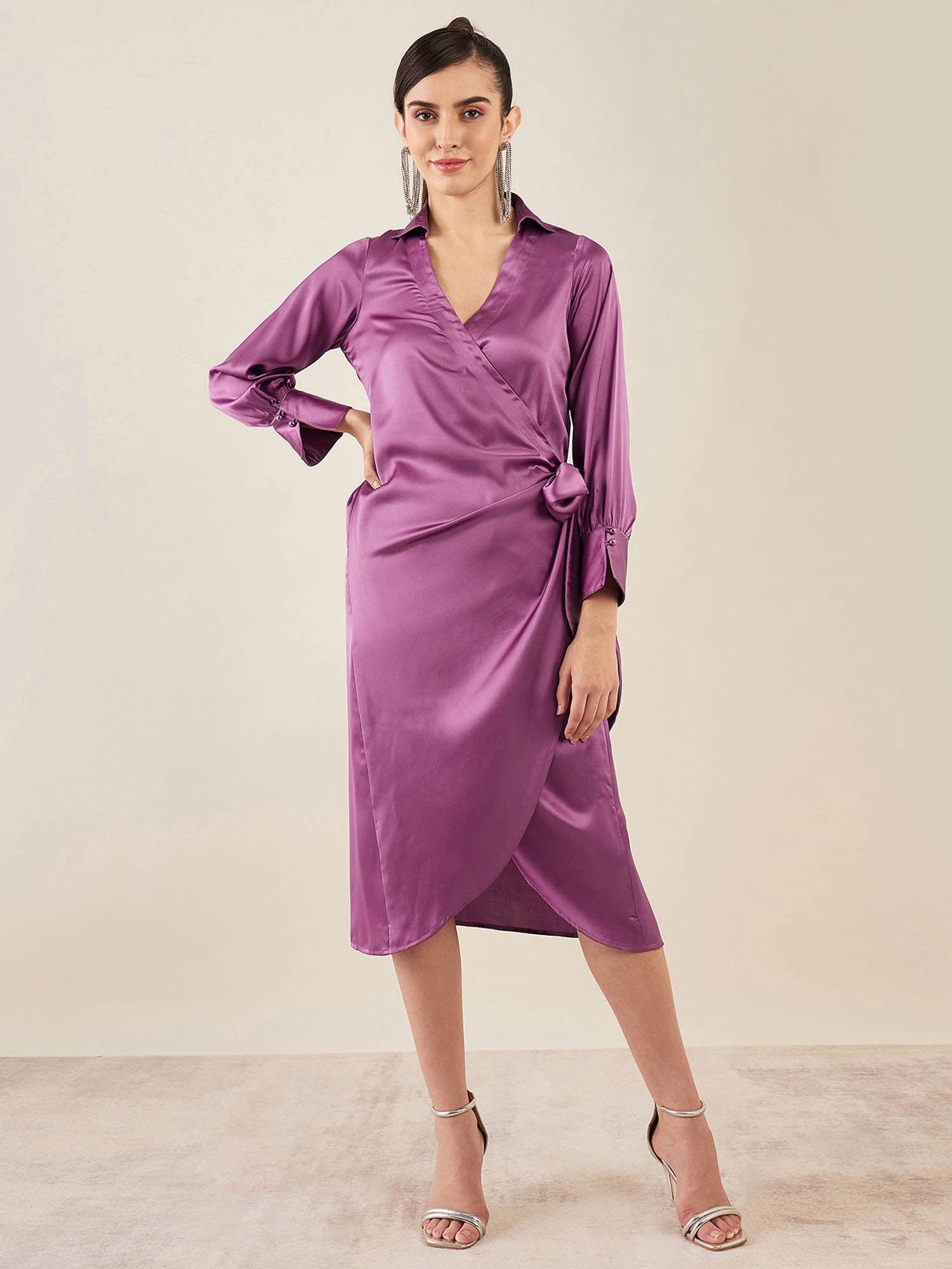 lilac wrap around embellished satin mid length dress