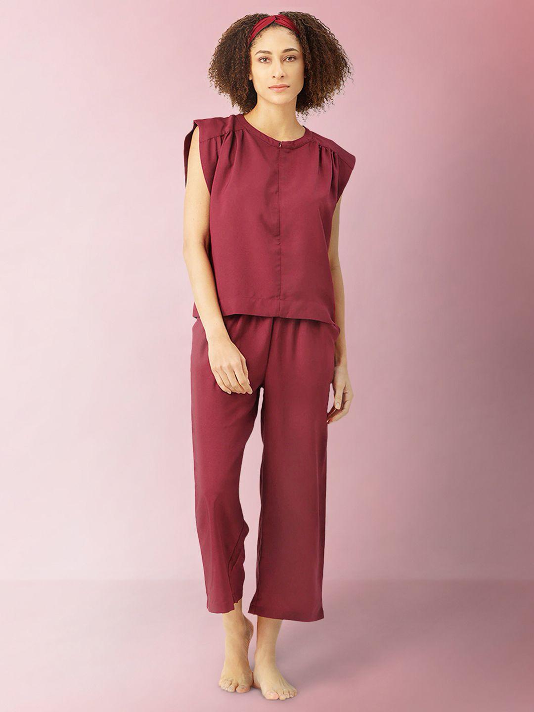 lill women maroon solid pyjama set