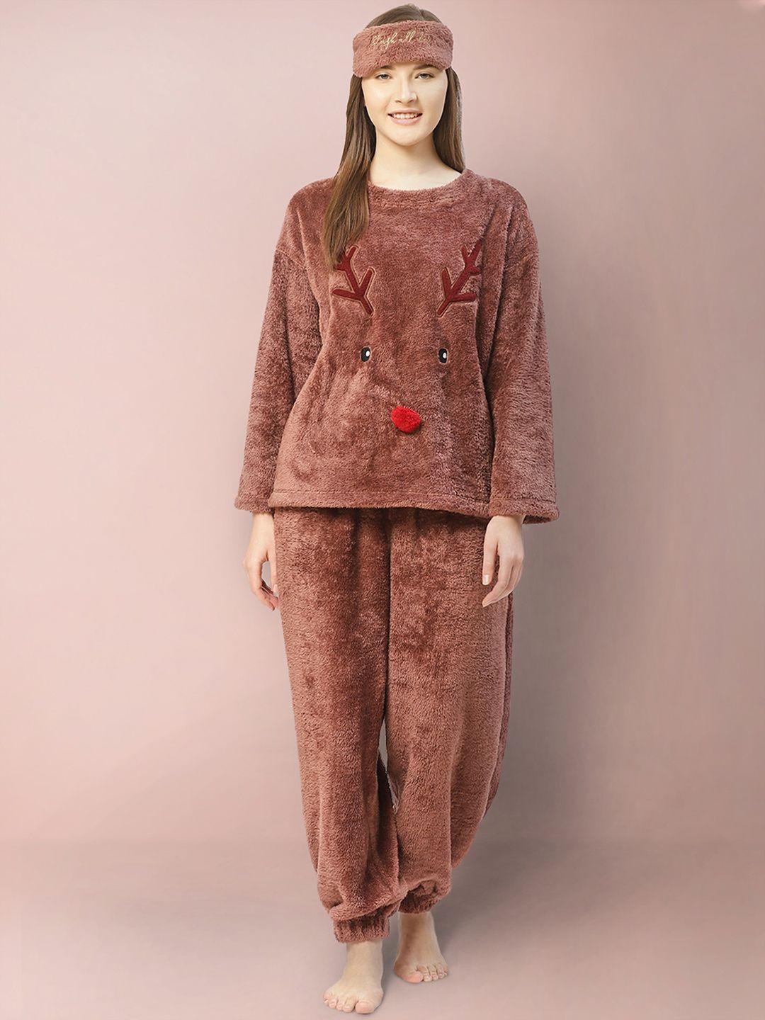 lill women brown reindeer pattern faux fur winter night suit with eye mask