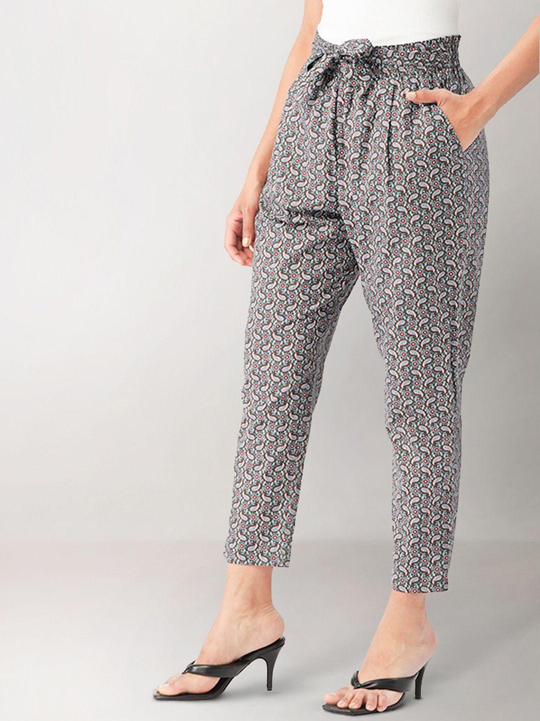 lill women olive green & white ethnic motifs printed trousers