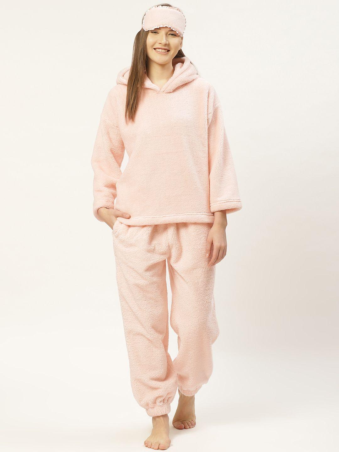 lill women peach-coloured solid fleece hooded winter night suit with eye mask