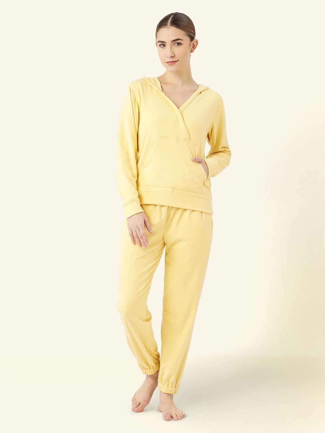 lill women yellow solid winter hoodie with jogger co-ord set