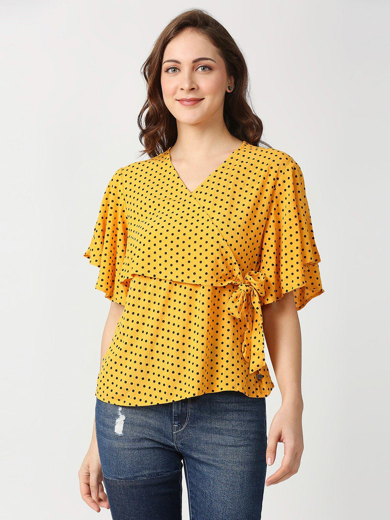 lille polka dot overlap top with flutter sleeve