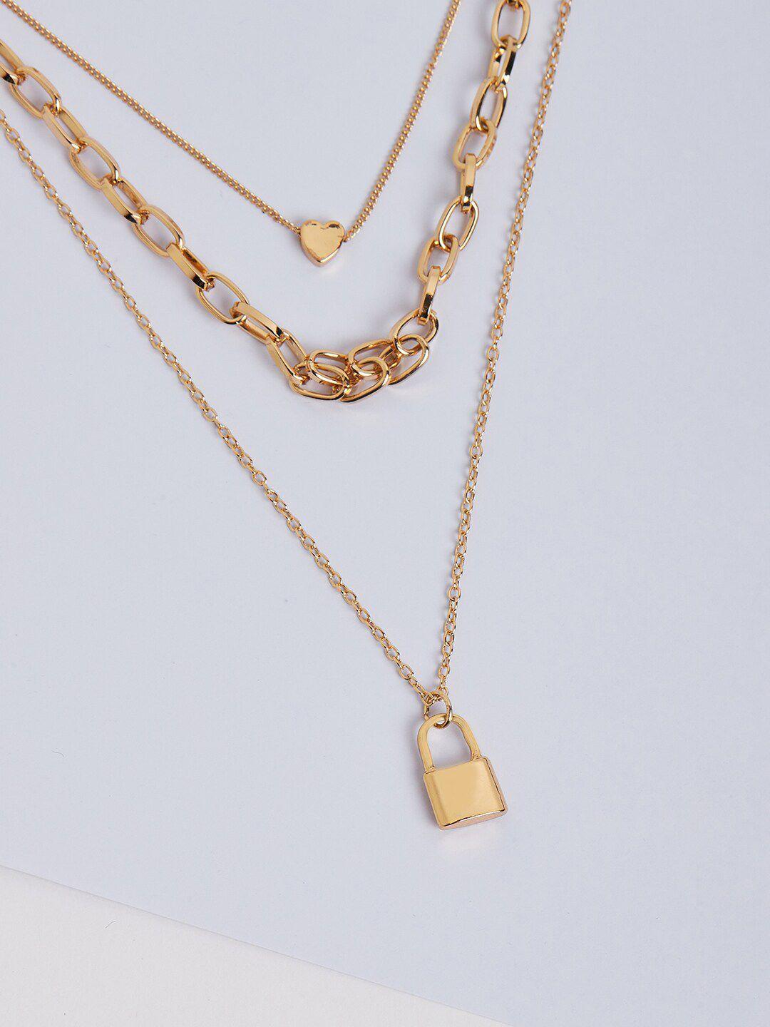 lilly & sparkle gold-plated three layered necklace with link chain lock and heart charm
