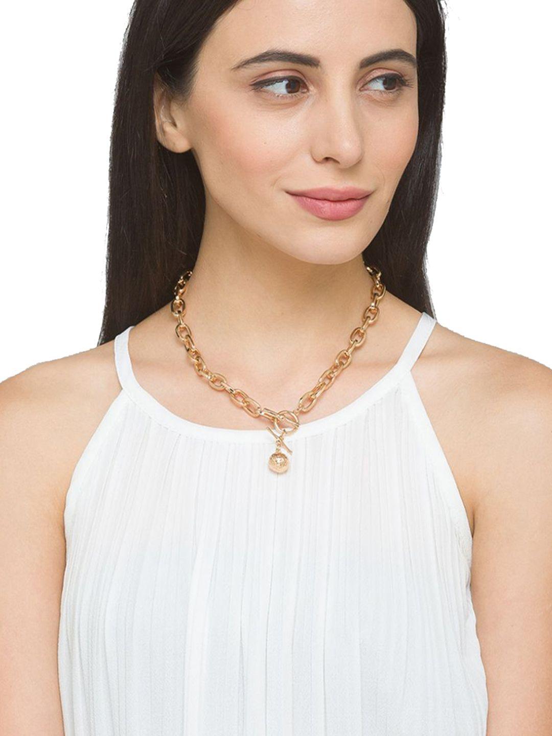lilly & sparkle gold-toned gold-plated t shaped closure with golden bead choker necklace