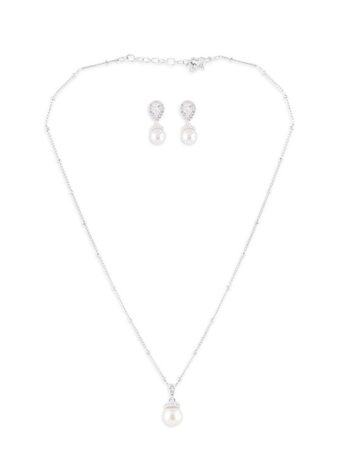 lilly & sparkle rhodium-plated white cz studded & pearl beaded jewellery set