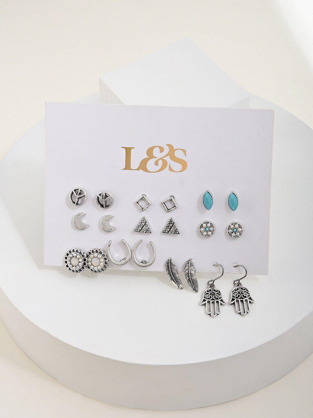 lilly & sparkle set of 10 silver-plated oxidized studs earrings