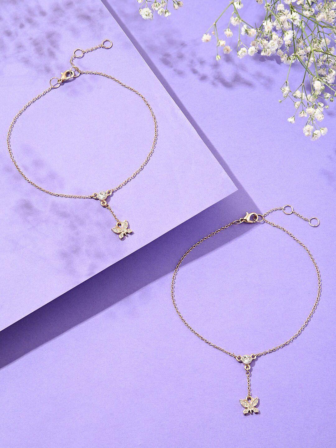 lilly & sparkle set of 2 gold-plated butterfly charm anklets