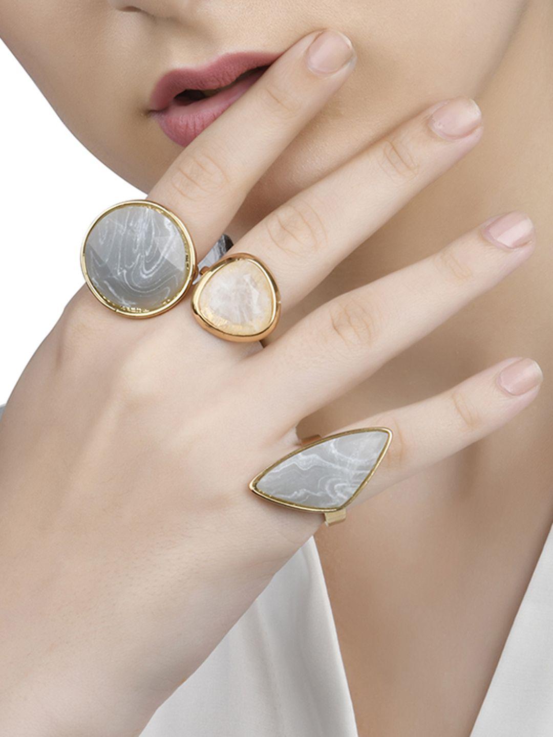 lilly & sparkle set of 3 gold-toned &g grey marble stone studded statement finger ring