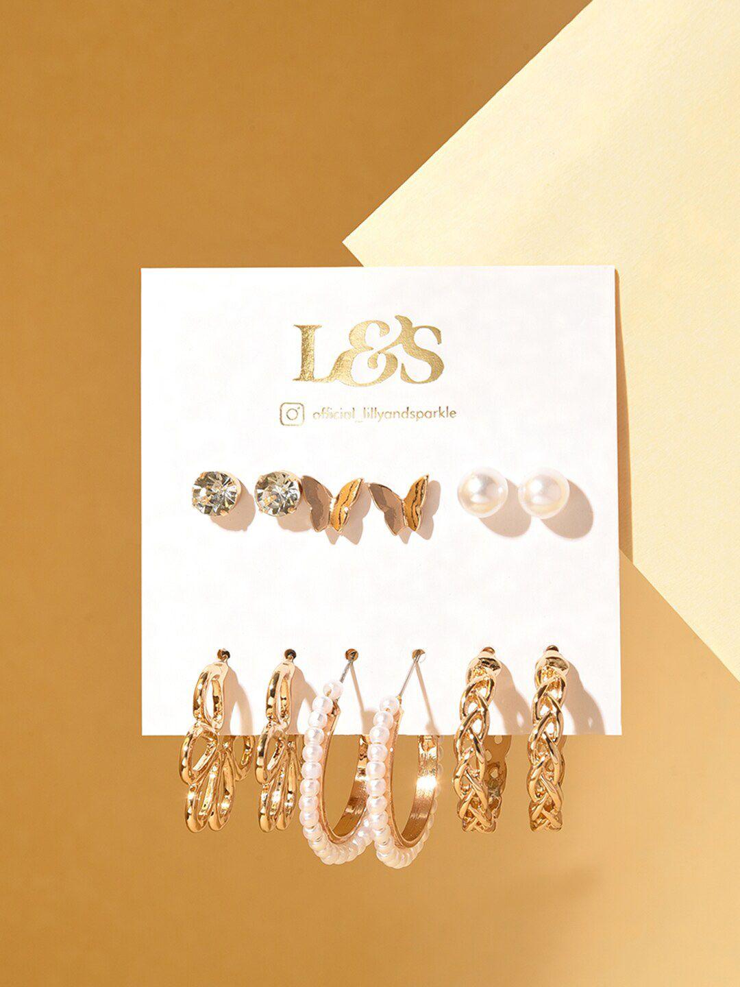 lilly & sparkle set of 6 gold-plated hoops & stud earrings
