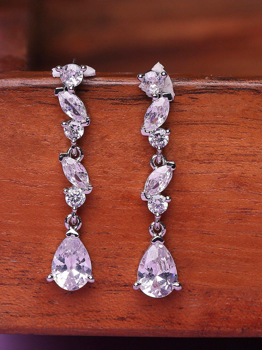 lilly & sparkle silver-toned & lavender rhodium-plated cz studded drop earrings