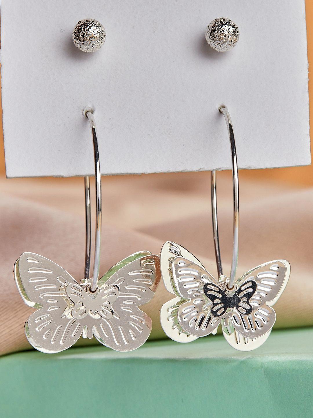 lilly & sparkle silver-toned set of 2 butterfly hoop with stud contemporary drop earrings