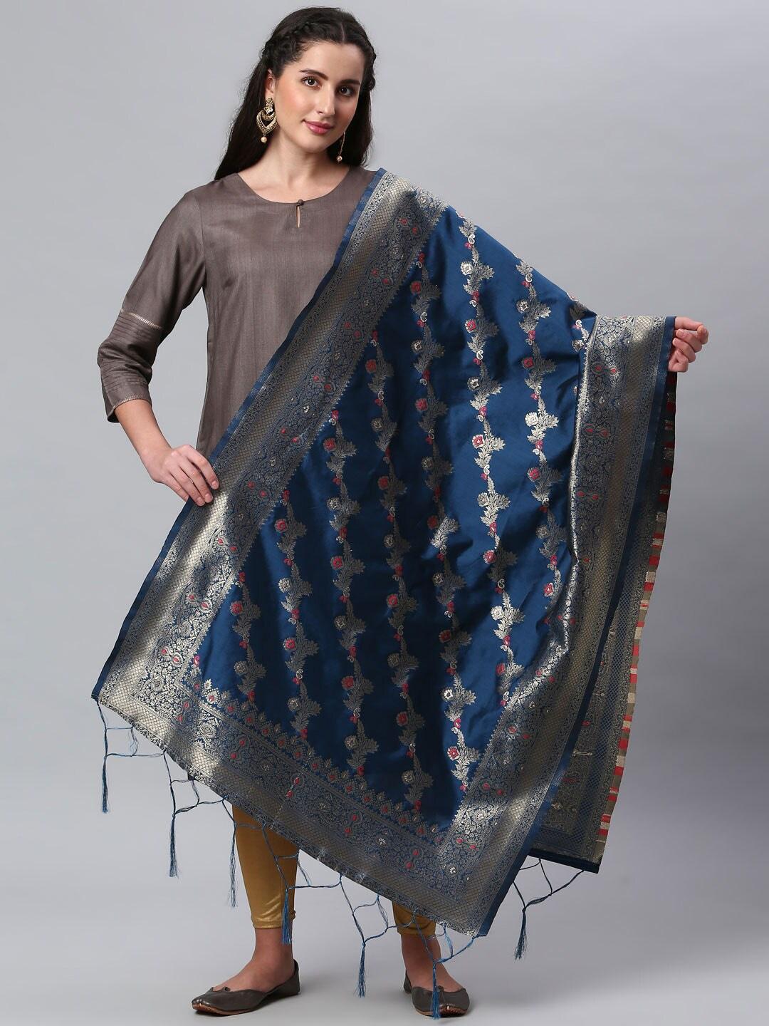 lilots blue & gold-toned ethnic motifs woven design dupatta